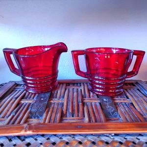 Vintage VIKING RED Glass Creamer Sugar Set D Handle